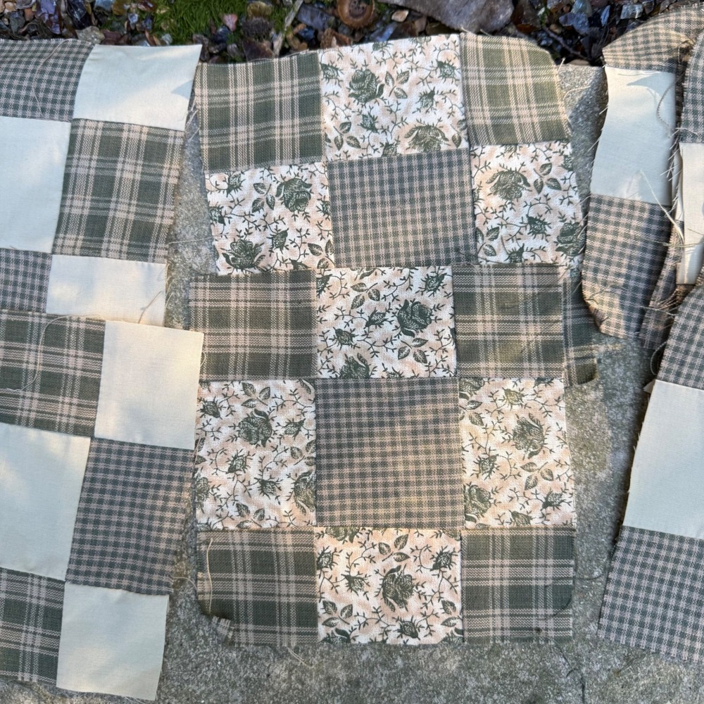 Vintage Nine Patch Quilt Block 6x6 Green Plaid Floral Fabric Random Pull
